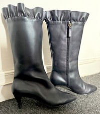 Iridescent Navy leather kitten heel knee high boots with pointed toe frill top
