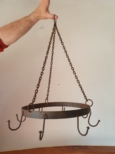 Antique 19th Century iron meat hanger round herb cup hooks kitchen 12" chains