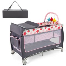 COSTWAY 4 in 1 Infant Nursery Center Folding Baby Playard w/ Toy Bar-Pink