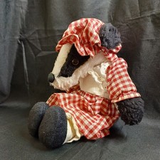 Vintage Black / White Badger Red White Checkered Dress / Hat  Soft Plush Toy 15"