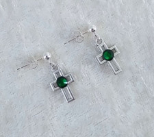 Tibetan Silver Cross 3D Dark Green Diamante 925 Silver Hanging Stud Earrings.