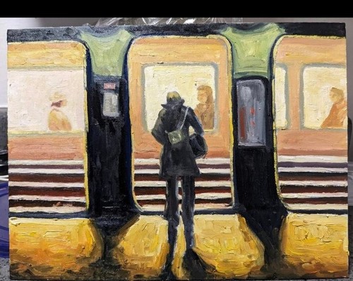 Waiting for train oil painting - train,
