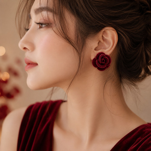 Maroon red velvet rose stud - maroon,