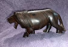 Hand Carved Lion Figurine Statue Sculpture Hardwood Ebony Dark Wood Repaired Leg