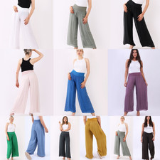 Ladies Wide Leg Side Slits Palazzo Pant Plain Silk Harem Italian Trouser 1 Size,