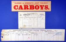 19th CENTURY DUNDEE & ARBROATH JOINT RAILWAY WAYBILL , CARBOYS LABEL ETC 3 ITEMS