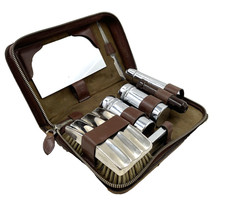 Vintage Men's Travel Shaving Grooming Kit in Brown Leather Case Made in England