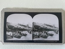 Antique Stereograph Photo - World War 1 U-Boat Stranded on British Beach 1918
