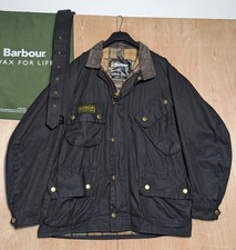 VGC Barbour International C42 Mens XL Black Waxed Motorcycle Jacket Belt Gold 