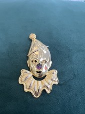 VINTAGE 1980's Pierrot Clown Brooch Gold Tone With Gem Stone Embellishment