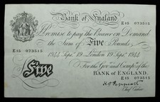 Bank of England K.O. Peppiatt White Fiver £5 Banknote London 19th Sept 1944  #13