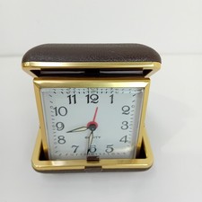 Vintage Equity Folding Travel Alarm Clock Wind Up Brown Case Tested -WRDC