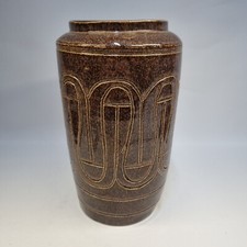 Stoneware Vase Sgraffito Brown Glazed Tall Cylinder MCM Midcentury Modern