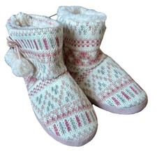 Tu Size 7 - 8 Fair Isle Knitted Pom Pom Slipper Boots Pink Grey Bnwt Over Ankle