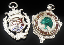 2 Sterling Silver Enamel Pocket Watch Fob Medals, One Double Sided