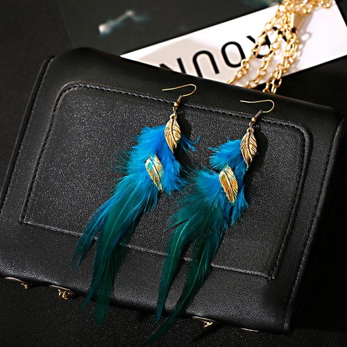Long feather dangle earrings - long,