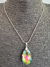 Rainbow Crystal Teardrop Large Pendant & Silver Tone Necklace Faux Mystic Topaz