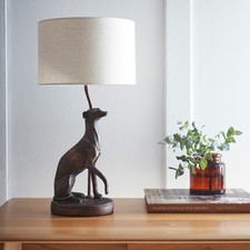 Greyhound Animal Table Lamp in an Antique Copper Resin with a Linen Shade