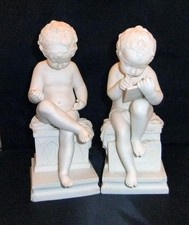 Pair C.19th Parian Porcelain Figures of Cherubs Reading & Writing, after Lemaire