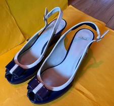 Clarks Skyla Bahama Navy/Cream Patent Wedge Heel Peep-toe Sandal Shoes Size 7/40