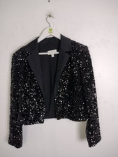M&S Women's Blazer Size 12 Black Sequin Cropped Satin Lapel Jacket New F2