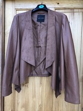 NEW LOOK TAN FAUX LEATHER PART FABRIC WATERFALL JACKET SIZE 12