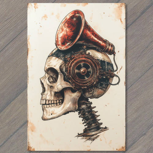 Postcard skull speaker - postcard, horn
