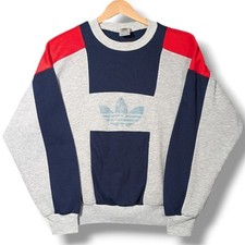 Vintage Adidas Sweatshirt Mens XL 1980s Grey Navy Colour Block Trefoil Jumper