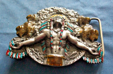  3# Vintage Native American Indian Chief Brass Belt Buckle Bergamot Brass Works 