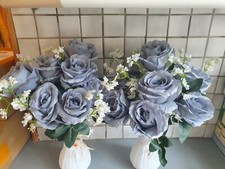 Pair of artificial GREY roses large flower&gypsophila  & vases Decorations