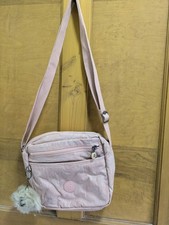 Kipling Medium Crossbody Bag Pale Pink With Muted Palm Pattern Pom Pom Monkey
