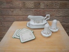 VINTAGE ETERNAL BEAU GRAVY BOAT AND SALT/PEPPER POTS/4 COASTERS