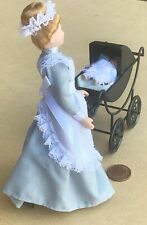 Dolls House Nanny Walking The Baby In The Metal Pram 1:12 Scale Miniature tumdee