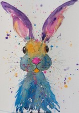 ORIGINAL HARE PAINTING WATERCOLOUR WILDLIFE ANIMALS NATURE COLOUR ART A4 RABBIT