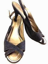 Pavers Navy Blue Sparkly Shoes Sandals UK 4 EU 37 Stiletto slingback Xmas Party 