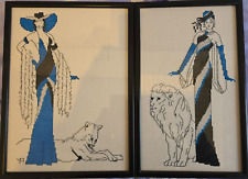 Pair Framed Counted Cross Stitch Elegant 1920s Art Nouveau Ladies with Lions