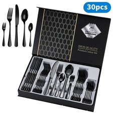 30pc CUTLERY DINNER SET STAINLESS STEEL METAL STAND RACK FORKS TEA SPOONS POLISH