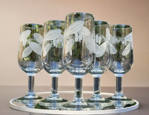 Vintage etched liqueur glasses - etched,