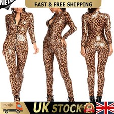 Lady Wetlook Shiny Long Sleeve Bodysuit Zipper Jumpsuit Leopard Catsuit-Clubwear