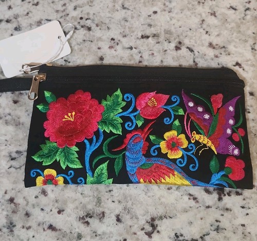 Black embroidered wristlet - embroidered,