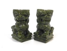 Pair of Chinese Green Jade Carved Feng Shui Foo Fu Dog Guard Door Lion Figurines