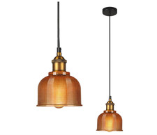 Ceiling Light Brass Glass Amber Shade Industrial Bar Pendant RRP £39 - OPEN BOX