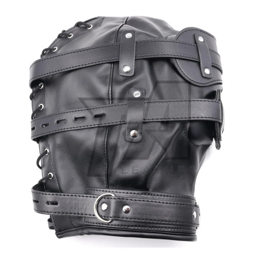 Black leather bondage hood - black,