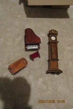 Dolls house grand piano, Grandfather clock and tea trolley