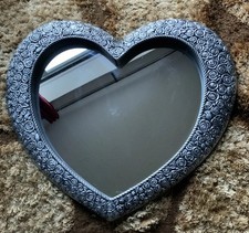 Fabulous Chunky Heart Shaped Wall Mirror With Rose Design Silver Finish 23” Tall