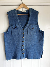 Vintage Annabel Fox Hand Knitted Denim Cotton Rowan Vest Sleeveless Cardigan ML