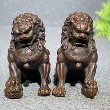 Antique lucky Bronze mini Fu Foo Dog lion Statue old Archaic guard lions pair