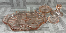 Art Deco Depression Pink Art Glass Dressing Table Set - Vintage 1930s