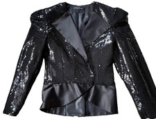 Designer Kate Fearnley Black Sequin Blazer Size 12 Satin  & Structured Shoulders