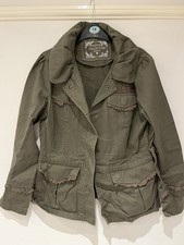 Ladies Khaki Green Jacket Size 12 With Patterning On Pockets